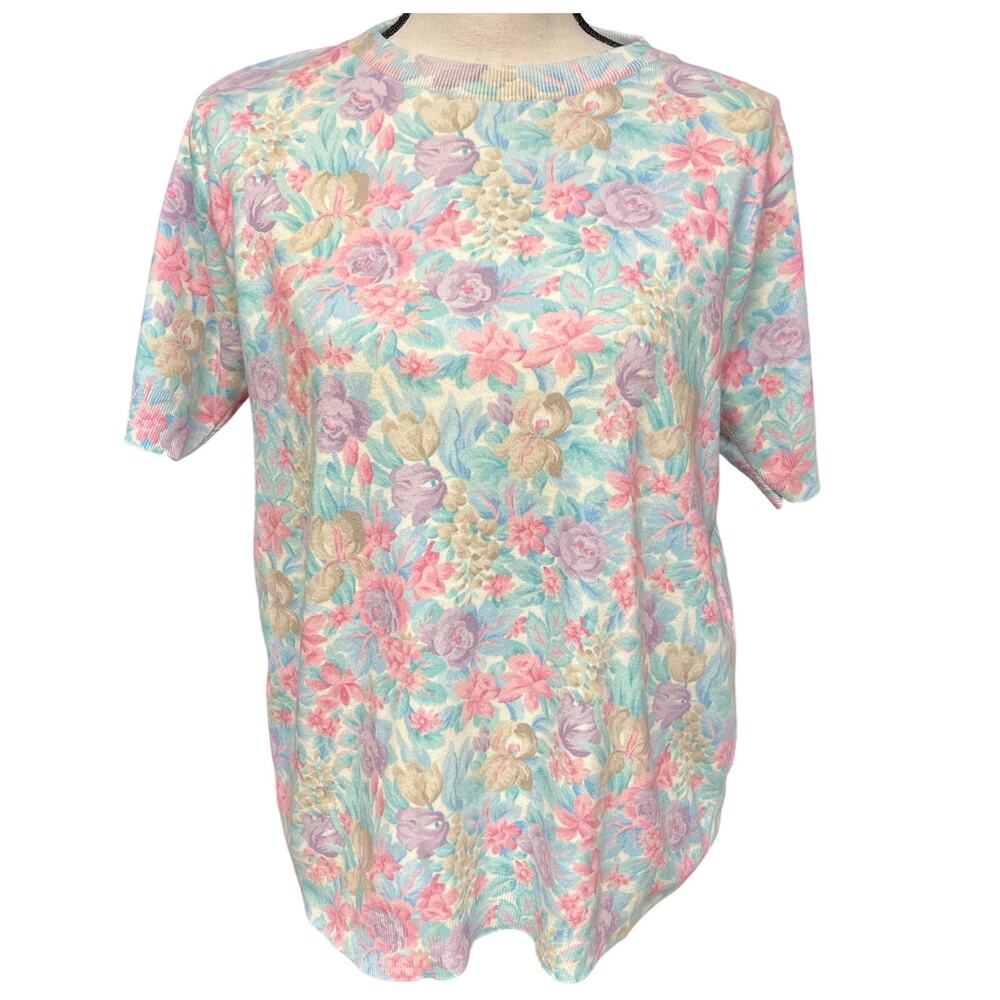 women's vintage 1980's SM printed short sleeve sweater pastel floral NWOT